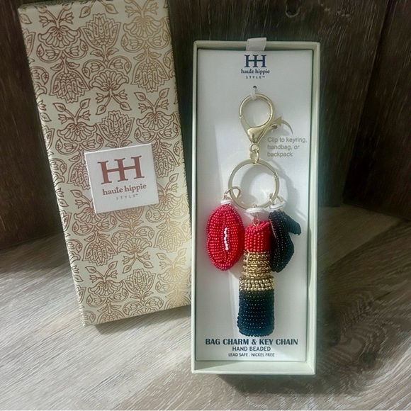 Haute Hippie™ Beaded Bag Charm & Key Chain –Red Lips, Lipstick, Black Heel- - Picture 3 of 4